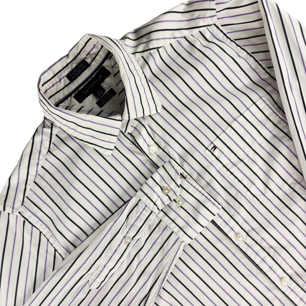 Tommy Hilfiger Button Down Mens M White Purple Striped Custom Fit 100% Cotton
